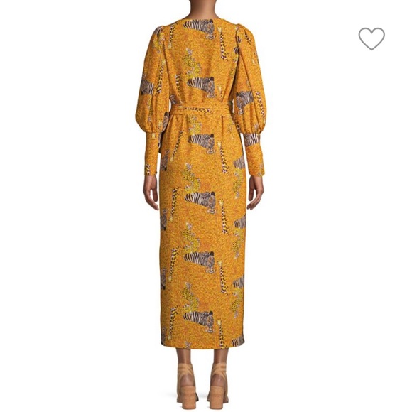 Rhode Aspen Serengeti Yellow Puff Sleeve Animal Print Zebra Wrap MIDI Dress - Picture 10 of 14